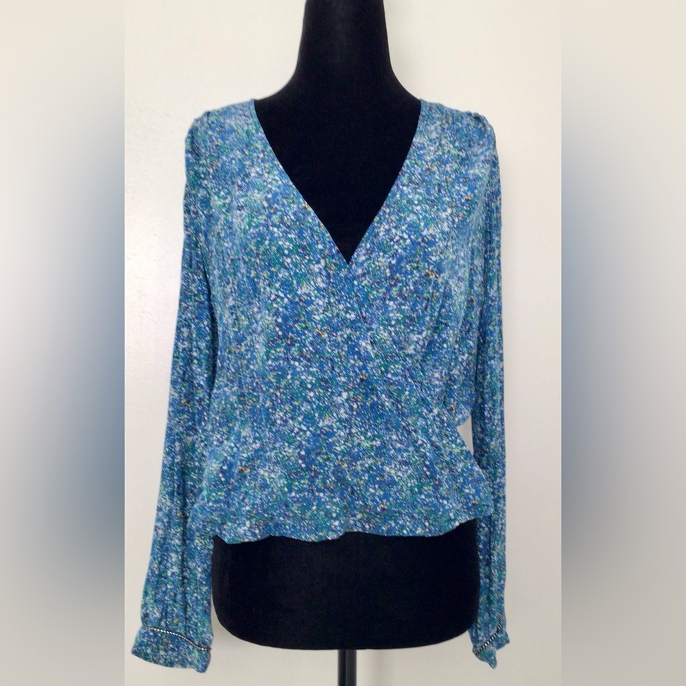 WINTER KATE Silk Multi Blue Turquoise Paint Drop Pattern Faux-Wrap Blouse Top XS